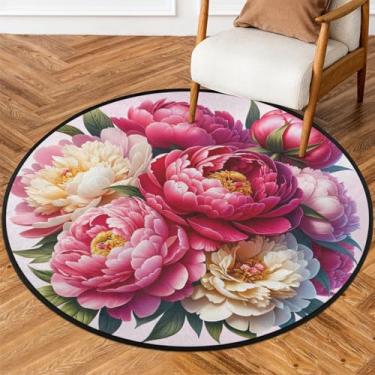 Imagem de Tapete redondo de 1,5 m com flores rosas e flores macias, antiderrapante, lavável, tapete circular para quarto, berçário, sala de estar, cozinha, banheiro, entrada, decoração de casa