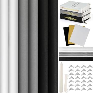 Imagem de Feifeiya Kit de 62 peças de pano para encadernação de livros, 6 peças de tecido de capa de livro de 30,5 x 40,6 cm, 24 cantos de metal, 3 folhas de vinil de ferro, 6 fitas de marcador, 23 acessórios