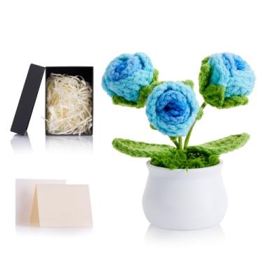 Imagem de ZHIYUXI Flores de crochê azul artificial rosa eterna decoração de mesa presentes para mulheres feitas à mão rosas tricotadas para painel de carro, decoração de escritório em casa