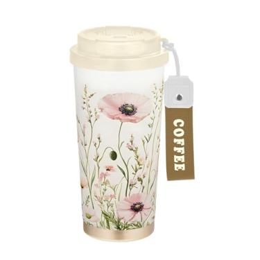 Imagem de SEHANY Caneca de viagem colorida de ervas silvestres de 500 ml Copos de café reutilizáveis revestidos de cerâmica com tampa à prova de vazamento, parede dupla, isolamento a vácuo, copo de café de aço