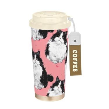 Imagem de SEHANY Caneca de viagem de gato gatinho fofo de 482 g xícaras de café reutilizáveis revestidas de cerâmica com tampa à prova de vazamento, parede dupla, isolamento a vácuo, copo de café de aço