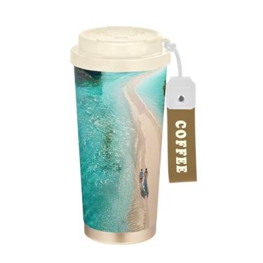 Imagem de SEHANY Caneca de viagem Summer Sea Beach Starfish 482 g Copos de café reutilizáveis revestidos de cerâmica com tampa à prova de vazamento, parede dupla, isolamento a vácuo, copo de café de aço