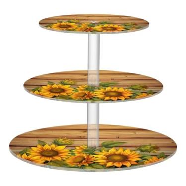 Imagem de Blueangle Suporte de cupcake redondo de 3 camadas – Girassóis em tábua de madeira, torre de sobremesa acrílica, suporte de sobremesa em camadas antiderrapante para chá de bebê, aniversário, festa de