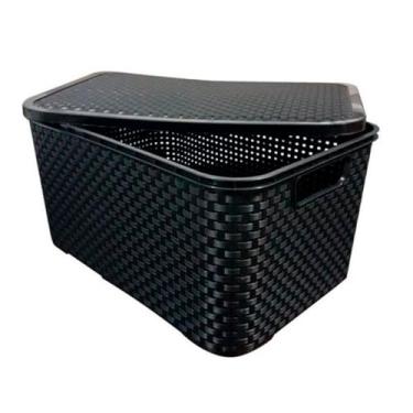 Imagem de Caixa Organizadora Rattan com Tampa, 7 Litros, Preta, Plástico Resistente, Empilhável, Retangular, 28x18x16cm, Kit com 2 Unidades