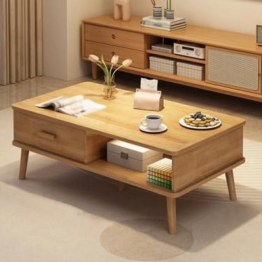 Imagem de Wood Rectangular Coffee Table, Open Compartment Storage, Drawer Storage, Stable Solid Wood Feet, Rounded Corners, Suitable for Bedroom, Living Room and Study(100 * 50 * 45cm/39 * 20 * 18in)