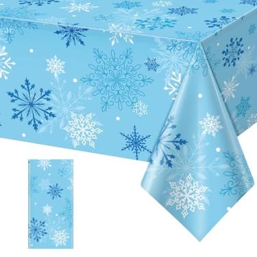 Imagem de 1 toalha de mesa de floco de neve de Natal com floco de neve descartável toalha de mesa de plástico inverno país das maravilhas capa de mesa para decoração de festa de Natal, 137 x 272 cm