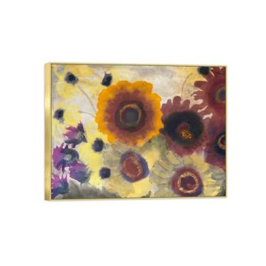 Imagem de Pintura de arte de parede de flores - imagem de decoração vintage - girassóis vermelhos e amarelos 2 - impressões em tela com moldura dourada para sala de estar 50 x 65 cm 20 x 26 pol