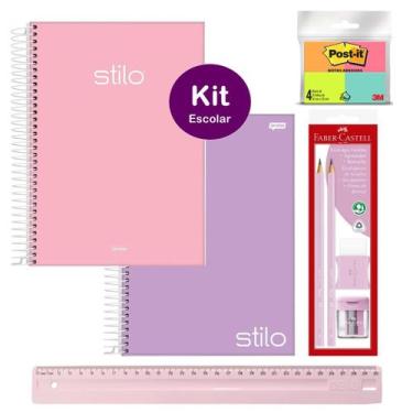 Imagem de Kit Escolar Volta as Aulas Caderno 10 materias Tons Pasteis Espiral + 
