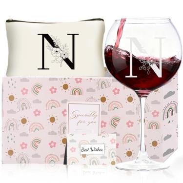 Imagem de Presentes de Natal para mulheres, taças de vinho com monograma com bolsa de maquiagem, presentes exclusivos de elefante branco de casamento para mãe, pai, irmã, professora, esposa, marido (N)