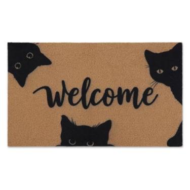 Imagem de Arttown Tapete de porta Welcome Black Cats com três gatinhos pretos fofos capacho de boas-vindas fundo grosso antiderrapante durável resistente à sujeira tapete de entrada para entrada de varanda e
