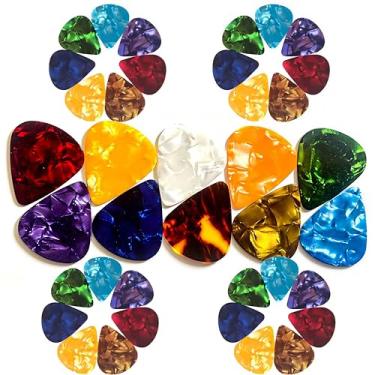 Imagem de 60 palhetas de guitarra, 3 palhetas de palhetas de guitarra de celuloide coloridas de diferentes espessuras de arte abstrata para baixo, elétrico, acústico, presentes de Natal incluem 0,46 mm, 0,71 mm