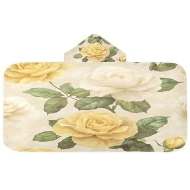 Imagem de Burbuja Toalha de banho com capuz de rosas brancas amarelas para crianças, toalha de praia de pelúcia macia absorvente para meninas e meninos 3-10 anos, 61 x 127 cm