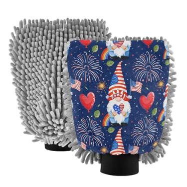 Imagem de STAYTOP Luvas de lavagem de carro com gnomos Dia da Independência, 2 peças, luvas de microfibra de chenille, sem arranhões, panos de esponja de lavagem ultra absorventes para carros, limpeza doméstica