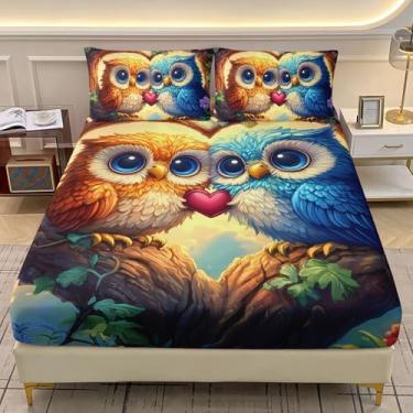 Imagem de AILONEN Jogo de lençol solteiro de desenho animado de coruja, pássaro, flor, árvore, para meninos e meninas, lençol macio colorido engraçado com 2 fronhas, 3 peças