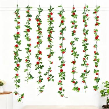 Imagem de 33 cabeças flores artificiais rosa videira verde planta folhas DIY enfeites de pendurar casamento decoração de arco de jardim para casa, 230 cm (1 peça, vermelho)