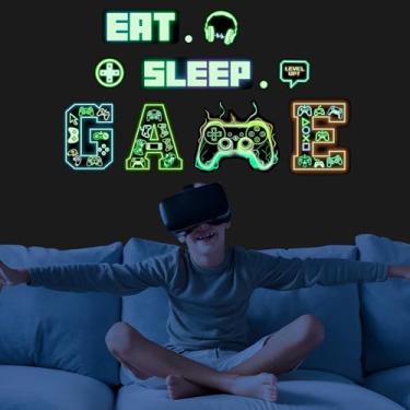 Imagem de Glow in The Dark Neon Gamer Wall Decals, Game Controller Joystick Wall Stickers, EAT Sleep Game Gaming Room Decor, Kids Teens Boys Girls Bedroom Playroom Living Room Internet Bar