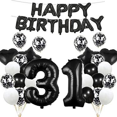 Imagem de Balão de aniversário de 31 anos decorações de 31 anos preto 31 balões feliz 31 suprimentos de festa de aniversário número 31 balões de alumínio Mylar balões de látex presentes para meninas, meninos,
