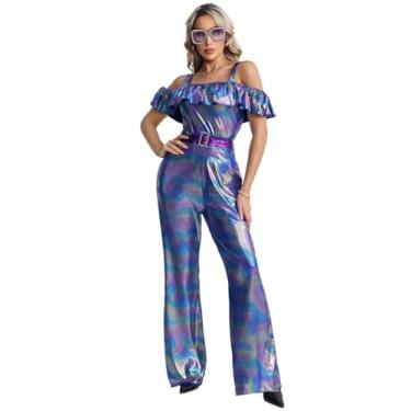 Imagem de ROC PARTY Macacão feminino estilo discoteca dos anos 70 – Fantasia de dança descolada holográfica retrô com acessórios para o Dia das Bruxas e festas temáticas (roxo e azul, grande)