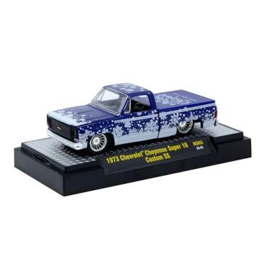 Imagem de 1973 Cheyenne Super 10 Pickup Truck Merry Christmas - Happy New Year Blue Metallic with White Snow Graphics Limited Edition to 10428 Pieces Worldwide 1/64 Diecast Model Car by M2 31500-HS65
