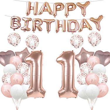 Imagem de Balão de aniversário de 11 anos decorações de 11 anos ouro rosa 11 balões feliz 11 suprimentos de festa de aniversário número 11 balões de alumínio Mylar balões de látex presentes para meninas,