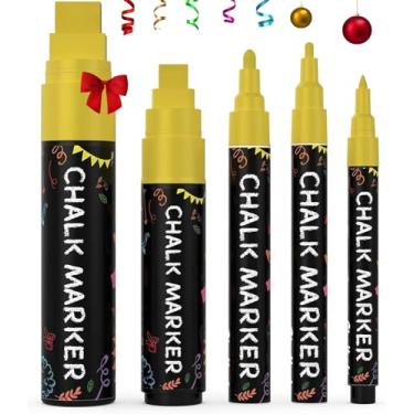 Imagem de 5 marcadores de giz de lousa dourados. Marcadores dourados apagáveis a seco para quadro-negro, placas de quadro-negro, janelas, vidro | Pacote variado - Caneta de tinta de tamanho fino e jumbo (1 mm