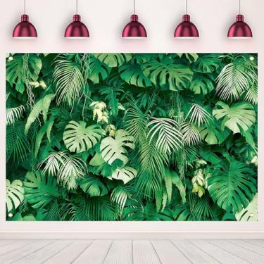 Imagem de Pano de fundo verde de folhas de palmeira tropical, plantas da selva, festa havaiana, luau, aniversário, chá de bebê, fotografia, banner, decoração de estúdio fotográfico, suprimentos