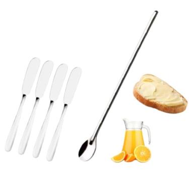 Imagem de Kit Colher Suco 30cm Grande + 4 Espatula Manteiga e Geleia para Pão Inox Prateado para Cozinha