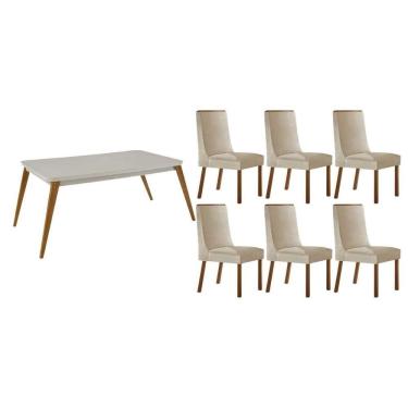 Imagem de Sala Jantar Mesa Havana Tampo c/ Vidro Curvo 180cm+6 Cadeiras Dakota Madeira Naturale/Off White - Capuccino/Suede Creme - Rufato