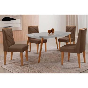 Imagem de Sala Jantar Mesa Havana Tampo c/ Vidro Curvo 120cm+4 Cadeiras Pietá Madeira Naturale/Off White - Capuccino/Suede Marrom - Rufato