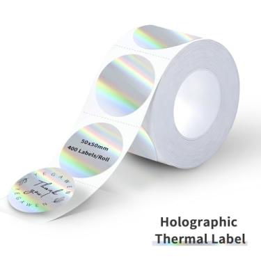 Imagem de YEGAWEN Etiquetas térmicas holográficas de 5 cm - 400 peças de etiquetas redondas para impressora térmica direta para design de logotipo DIY, à prova d'água e glitter arco-íris (prata)