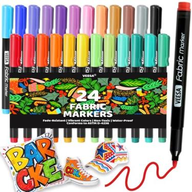 Imagem de VEESA Marcadores de tecido permanentes para roupas, canetas de tinta de tecido de ponta fina de 24 cores para camisetas e sapatos, marcadores têxteis não tóxicos, kit de pintura de abóbora de