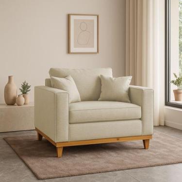 Imagem de Poltrona Sofa Benny com Almofada Linho Base de Madeira Castanho - ARKE