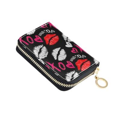 Imagem de Carteira compacta feminina com zíper fofo porta-cartões bloqueio RFID batom vermelho branco preto desenho animado carteira com zíper com bolso para moedas