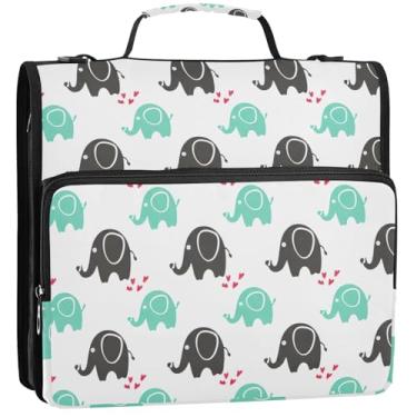 Imagem de Organizador de fichário com zíper grande, 3 anéis, fofo, elefante, amor, menta, vários bolsos, bolsa grande com alça para escola, 34,5 x 31,5 x 9 cm