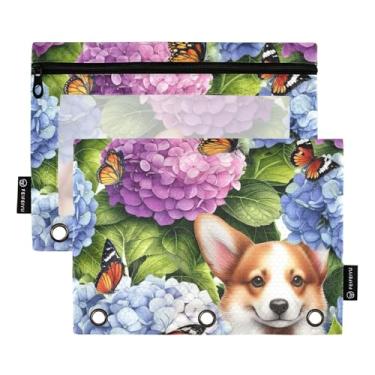 Imagem de Bolsa de lápis arco-íris com 3 argolas vintage flor cão borboleta roxo zíper bolsa lápis caneta escolar transparente bolsos rosa 25 cm x 18 cm, 2 pacotes