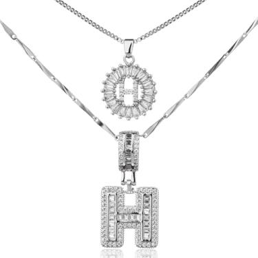 Imagem de MINDEKA Pacote com 2 colares femininos com inicial de zircônia cúbica banhada a ouro 14K, joias delicadas com inicial inicial para mulheres, colar com pingente de alfabeto A-Z personalizado, 18"+2