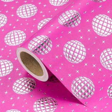 Imagem de WRAPAHOLIC Papel de embrulho de bola de discoteca 3D Kraft - Mini rolo - 43 cm x 5 m - Papel de embrulho rosa choque com bola de discoteca em folha prata em relevo para aniversário de meninas