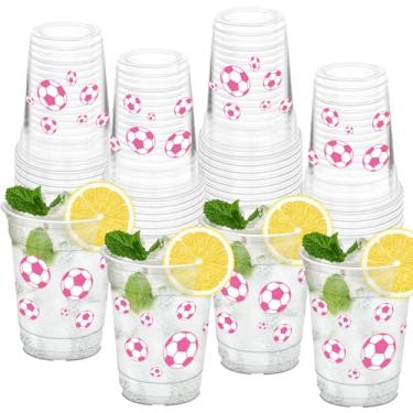 Imagem de HYMENEX 50 peças de copos de futebol rosa, copos de plástico de futebol rosa de 340 g para eventos temáticos esportivos, decoração de dia de jogo, suprimentos de festa de aniversário, lembrancinhas de