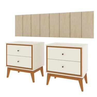 Imagem de Conjunto Quarto Queen Cabeceira Adesiva 1,60 e 2 Mesas de Cabeceira Arruna em MDP Pés em Madeira