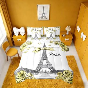 Imagem de Erosebridal Conjunto de cama com laço amarelo, 7 peças, floral, rosa e solteiro, com lençóis, cama da Torre Eiffel, decoração de quarto de meninas