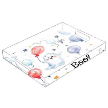 Imagem de xigua Bandeja de servir de acrílico fantasma de Halloween com alças à prova de derramamento, bandejas decorativas de festa de Halloween, bandeja organizadora de bancada para banheiro, cozinha, 30,5 x