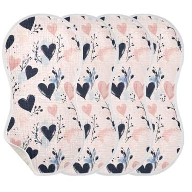 Imagem de Wassud Pacote com 4 panos de musselina de algodão para arrotar corações e flores, toalhas de rosto absorventes e macios para arrotos para meninos e meninas recém-nascidos