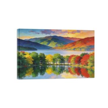 Imagem de Impressão em tela de paisagem de arte de parede - decoração de lago de árvore de outono - quadros de pintura para sala de estar pronta para pendurar tela emoldurada 50 x 75 cm 20 x 30 pol
