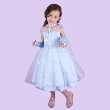 Imagem de Vestido Infantil Juvenil Frozen Elsa Festa Princesa Capa Removível - L