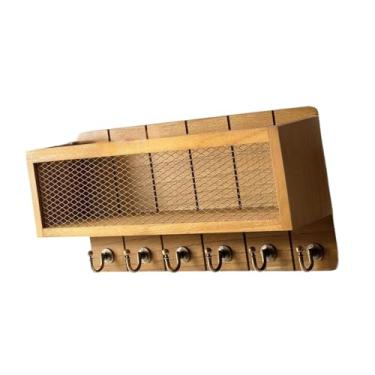 Imagem de predolo Porta-chaves de parede com cesto para correspondências, estilo rústico em madeira, ideal para apartamentos e escritórios.