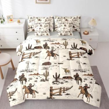 Imagem de Jogo de cama de casal ocidental, 7 peças, caubói country para crianças, meninos, adolescentes, vintage, sudoeste, cabana, rancho, cavalo, animal, bege, marrom