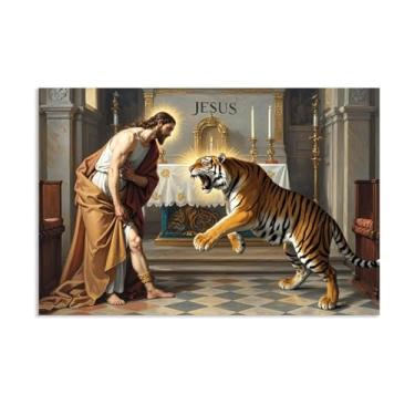 Imagem de Arte de parede em tela de leão e cordeiro, Jesus e o tigre feroz, pintura de arte cristo, decoração de casa religiosa para igreja sala de estar 45 x 30 cm (18 x 12 polegadas) pôster