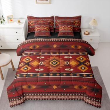 Imagem de Erosebridal Conjunto de edredom queen geométrico asteca preto vermelho e geométrico, tamanho queen, 7 peças, caubói tribal para adultos, cama em uma bolsa, caubói e fazenda, roupa de cama do sudoeste