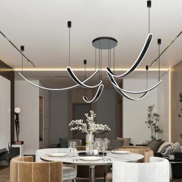 Imagem de Luminária pendente LED moderna, dimerizável, com 6 lâmpadas, estilo lustre, cor preta, altura ajustável até 150 cm, ideal para cozinha, sala de jantar, quarto e sala de estar.