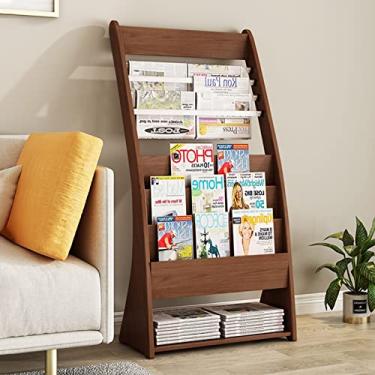 Imagem de ZDJZMGZ Suporte de arquivo de revista de madeira, porta-folhetos de revistas de lojas, suporte de livros de jornais para sala de espera, suprimentos para feiras, suporte de discos resistente (nogueira